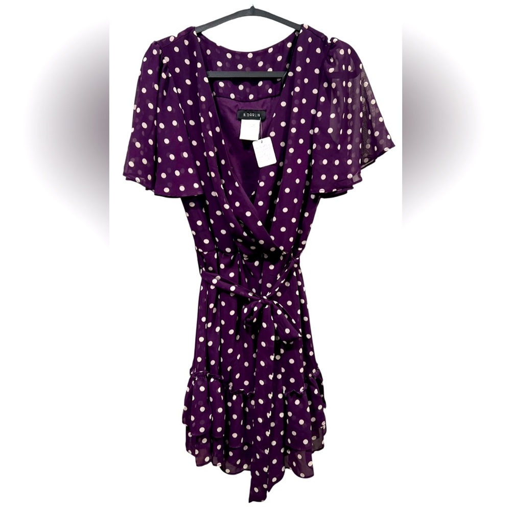 🤩 NEW LISTING! B Darlin Dress Purple Cream Polka Dots Tie Flutter Sleeve Sz 5/6